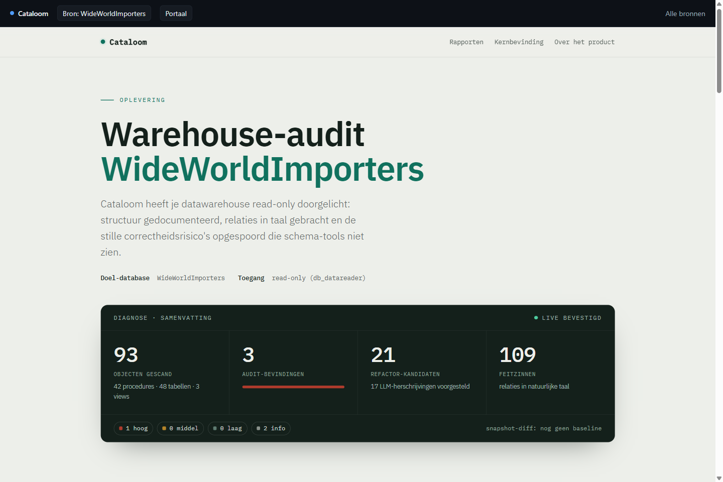 Het oplever-portaal van Cataloom voor WideWorldImporters, met het diagnosepaneel dat 93 gescande objecten, 3 auditbevindingen en 109 feitzinnen toont.